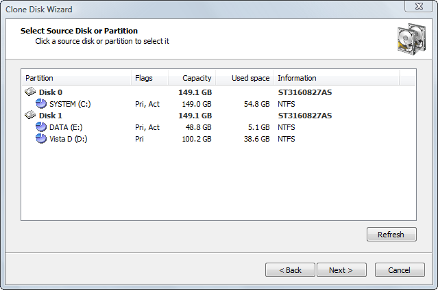 Selecting a Source Disk or Partition Selecting a Source Disk or Partition