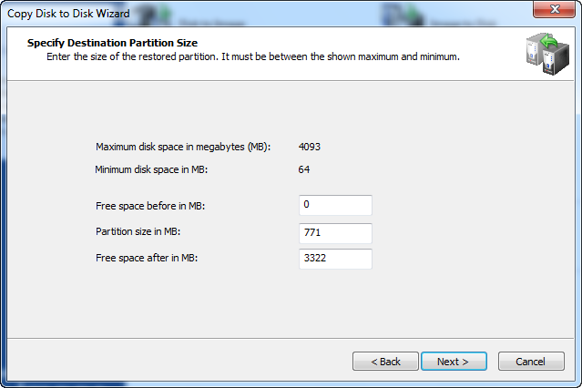 Specify Destination Partition Size Disk Image software.Specify Destination Partition Size