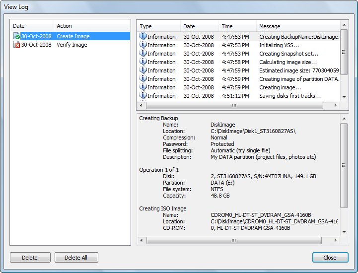 Disk image view log Disk Image view log